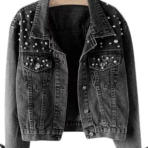 Women's Casual Embroidered Pearls Beading Denim Jacket Loose Washed Jean Coat